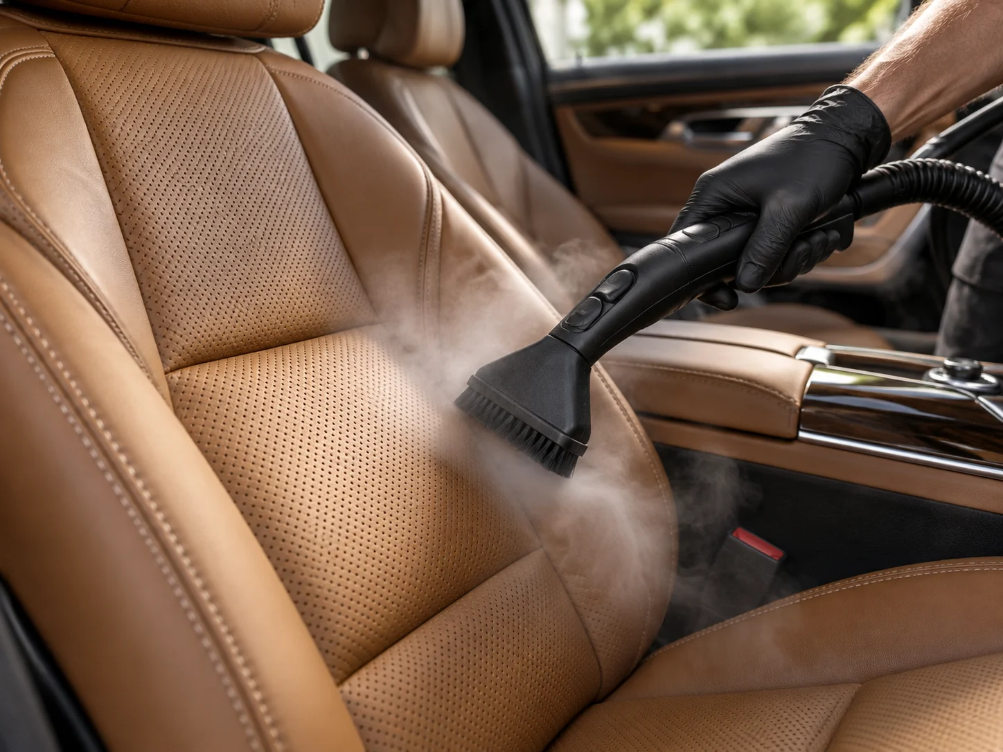 Limpieza con vapor de un asiento de piel
